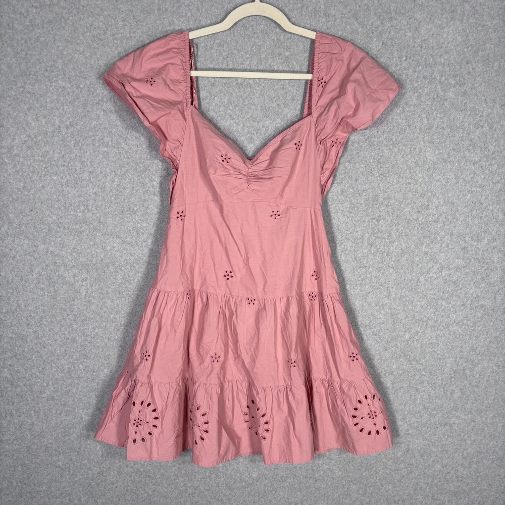 ZARA Eyelet Embroidered Tiered Dress Small Pink Milkmaid‎ Cottage Smocked Back